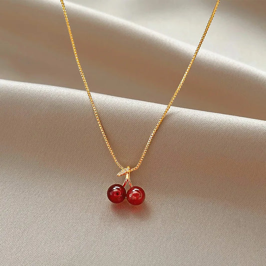 NEW WINE RED CHERRY GOLD NECKLACE