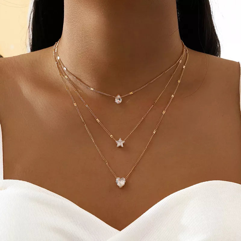 CRYSTAL ZIRCON HEART STAR CHARM NECKLACE