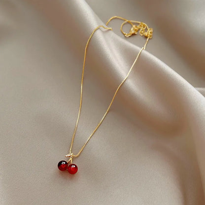 NEW WINE RED CHERRY GOLD NECKLACE